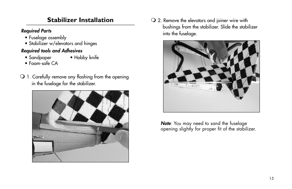 Stabilizer installation | E-flite P-47D Thunderbolt 400 ARF User Manual | Page 15 / 48