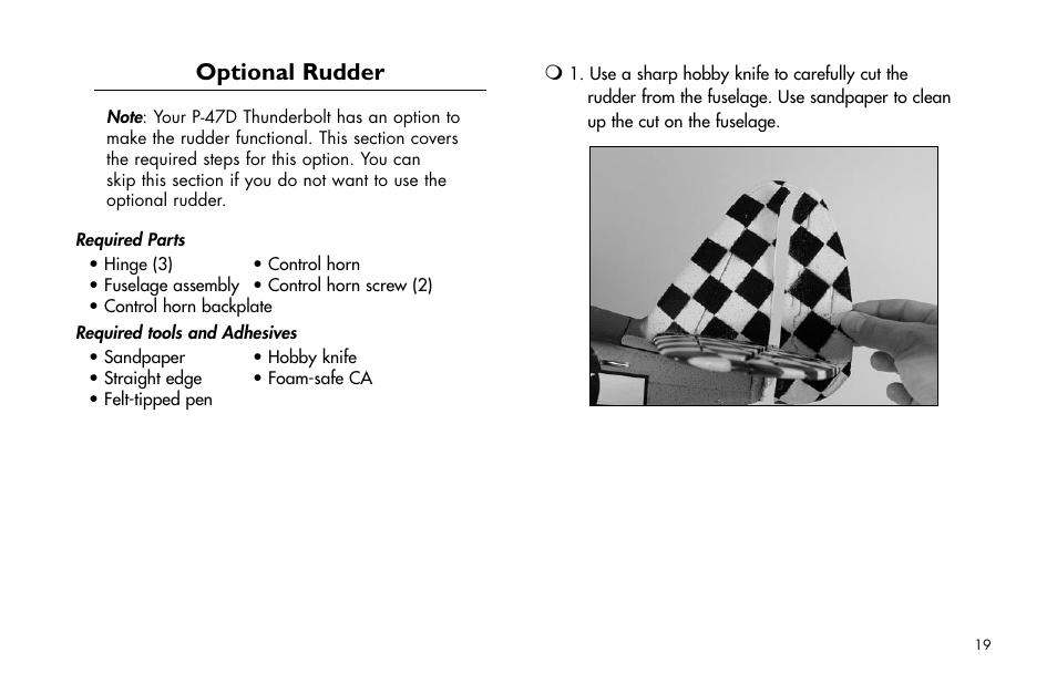 Optional rudder | E-flite P-47D Thunderbolt 400 ARF User Manual | Page 19 / 48