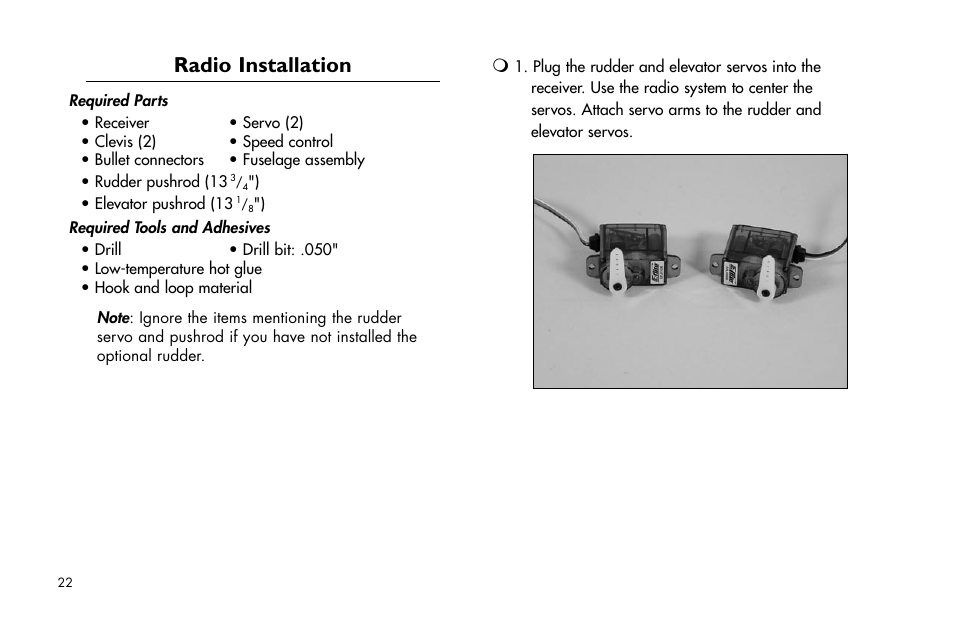 Radio installation | E-flite P-47D Thunderbolt 400 ARF User Manual | Page 22 / 48