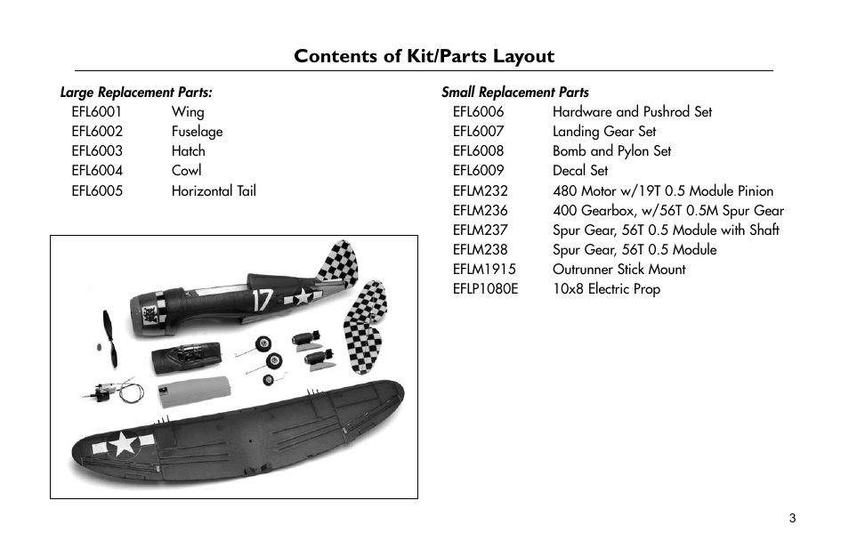 Contents of kit/parts layout | E-flite P-47D Thunderbolt 400 ARF User Manual | Page 3 / 48