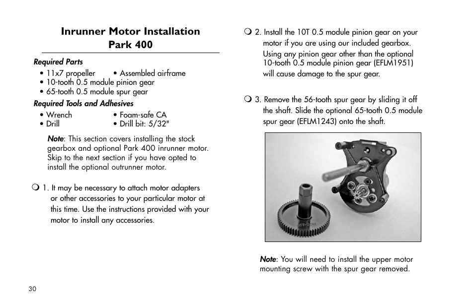 Inrunner motor installationpark 400, Inrunner motor installation park 400 | E-flite P-47D Thunderbolt 400 ARF User Manual | Page 30 / 48