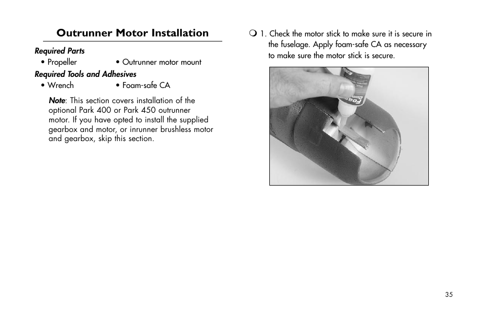 Outrunner motor installation | E-flite P-47D Thunderbolt 400 ARF User Manual | Page 35 / 48