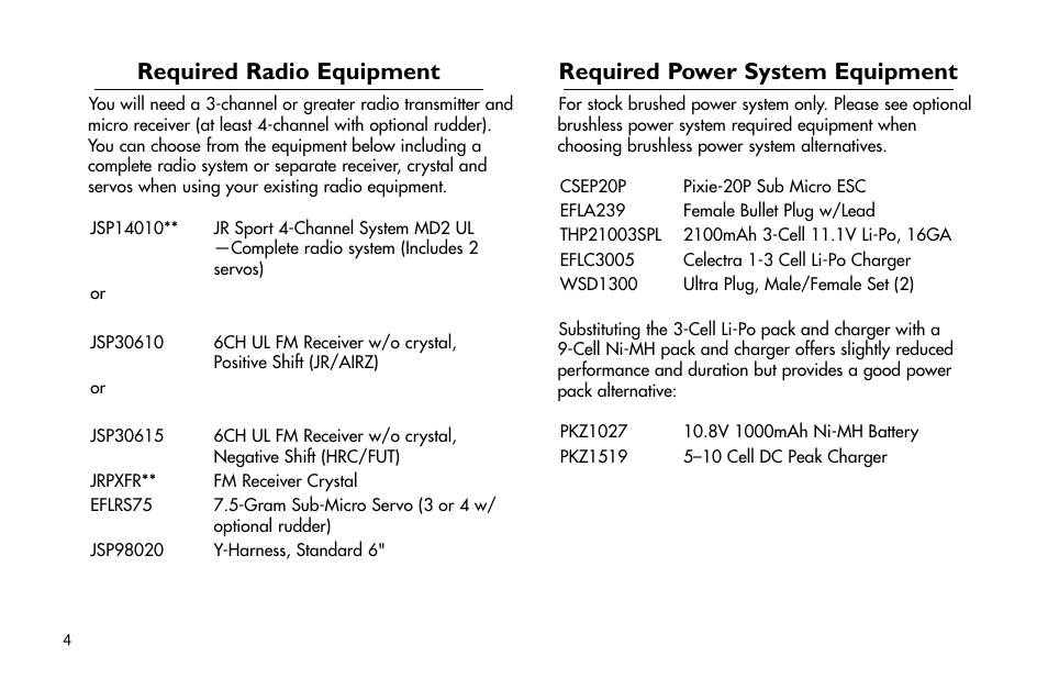 Required radio equipment, Required power system equipment | E-flite P-47D Thunderbolt 400 ARF User Manual | Page 4 / 48