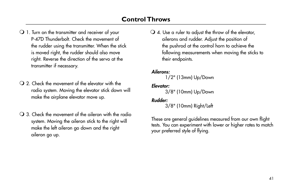 Control throws | E-flite P-47D Thunderbolt 400 ARF User Manual | Page 41 / 48