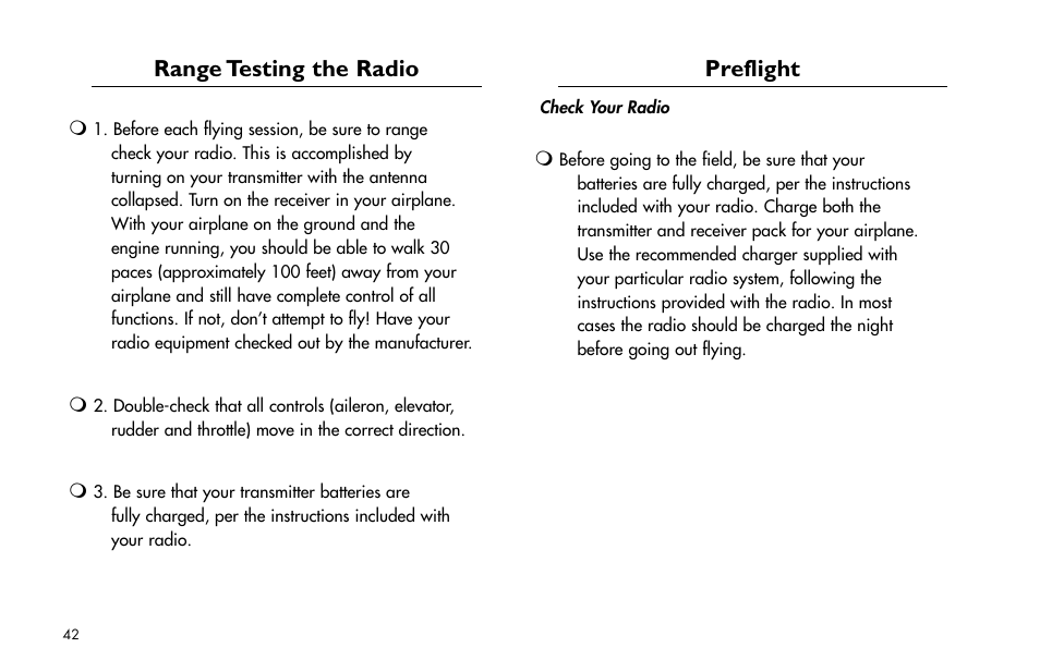 Range testing the radio, Preflight | E-flite P-47D Thunderbolt 400 ARF User Manual | Page 42 / 48