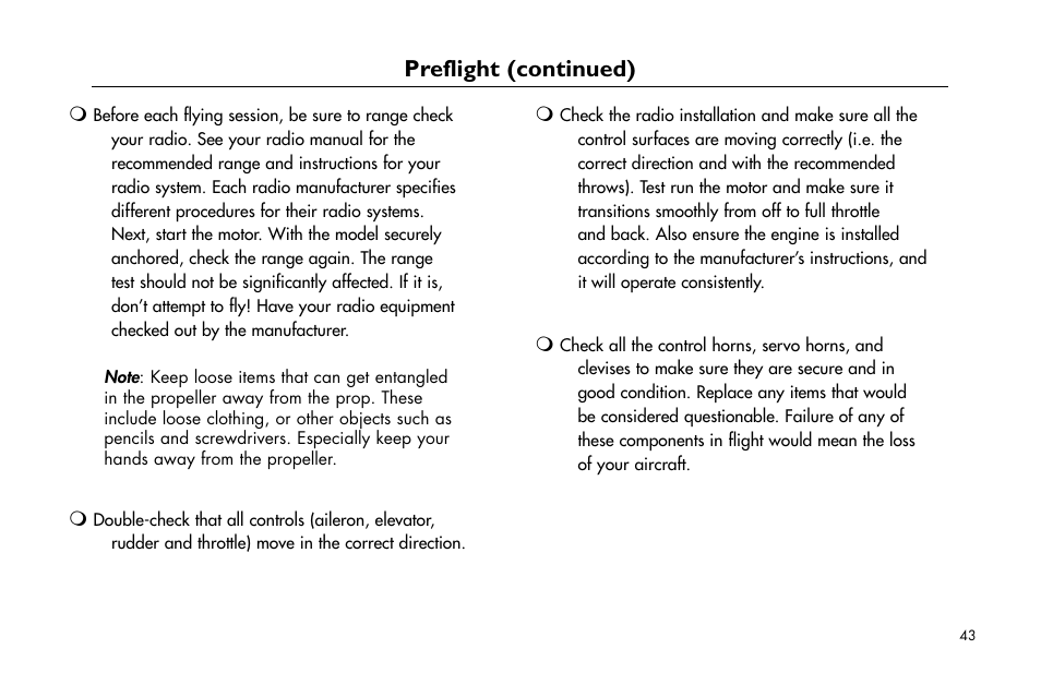 Preflight (continued) | E-flite P-47D Thunderbolt 400 ARF User Manual | Page 43 / 48