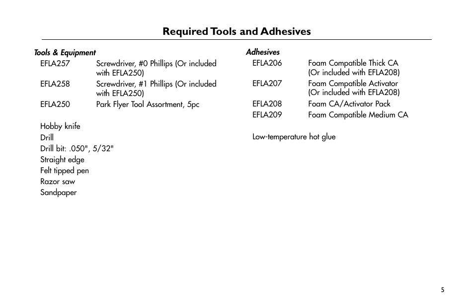 Required tools and adhesives | E-flite P-47D Thunderbolt 400 ARF User Manual | Page 5 / 48