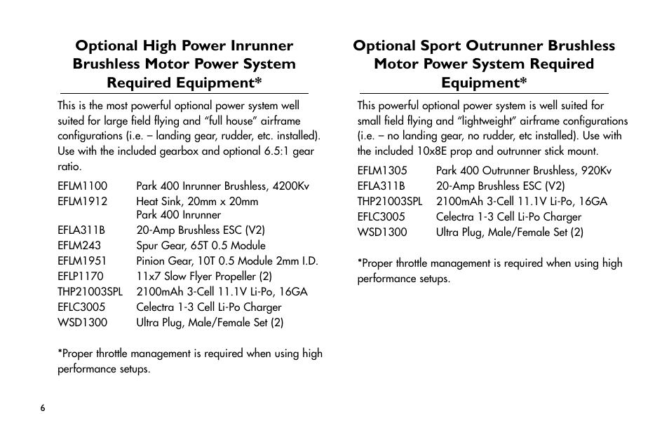 Optional high power inrunner brushless motor power, System required equipment, Required equipment | E-flite P-47D Thunderbolt 400 ARF User Manual | Page 6 / 48