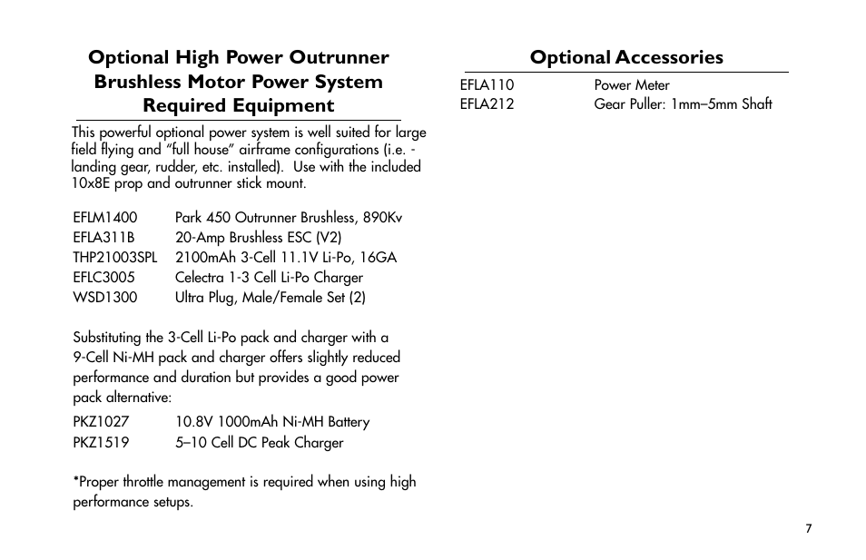 System required equipment, Optional accessories | E-flite P-47D Thunderbolt 400 ARF User Manual | Page 7 / 48