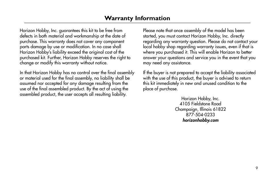 Warranty information | E-flite P-47D Thunderbolt 400 ARF User Manual | Page 9 / 48