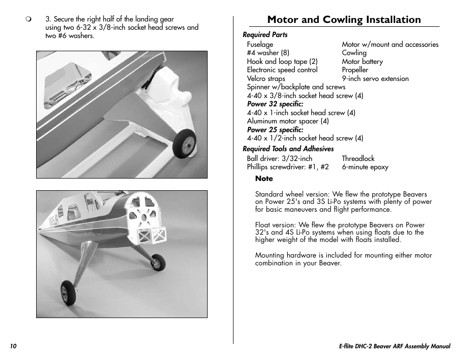 Motor and cowling installation | E-flite DHC-2 Beaver 25e ARF User Manual | Page 10 / 52