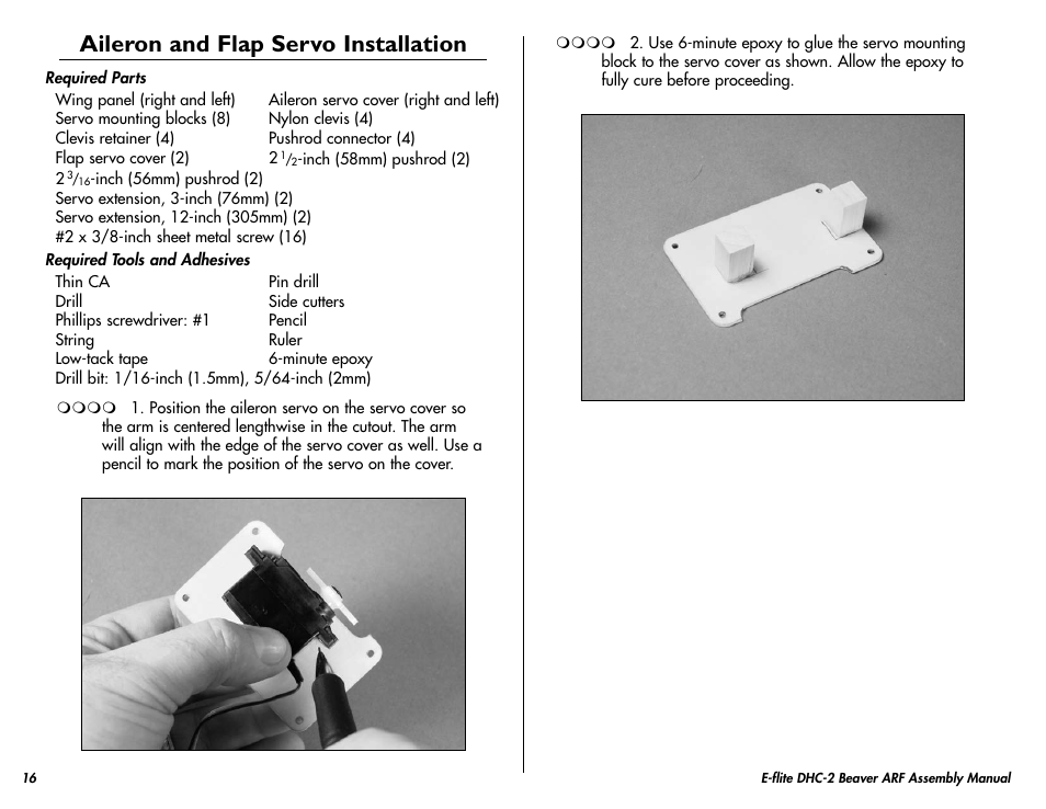 Aileron and flap servo installation | E-flite DHC-2 Beaver 25e ARF User Manual | Page 16 / 52