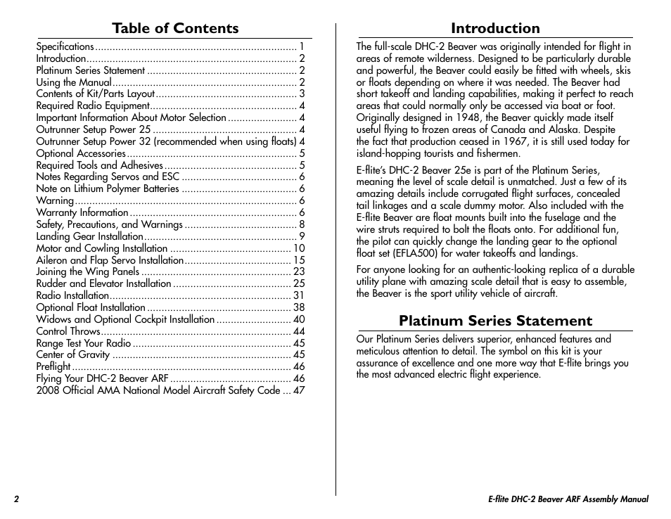 E-flite DHC-2 Beaver 25e ARF User Manual | Page 2 / 52