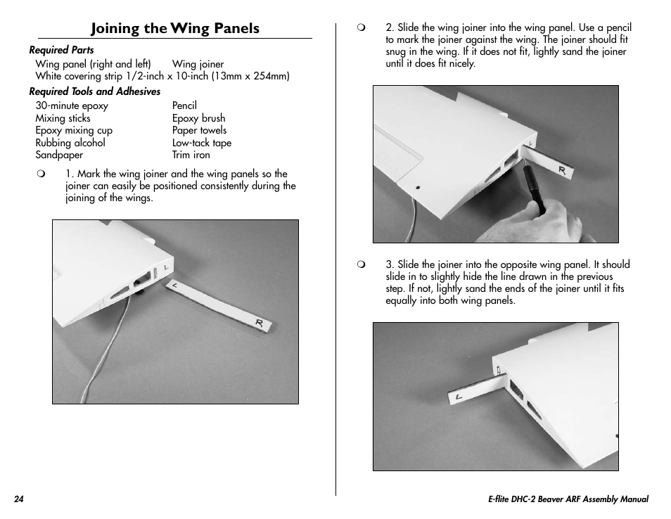 Joining the wing panels | E-flite DHC-2 Beaver 25e ARF User Manual | Page 24 / 52