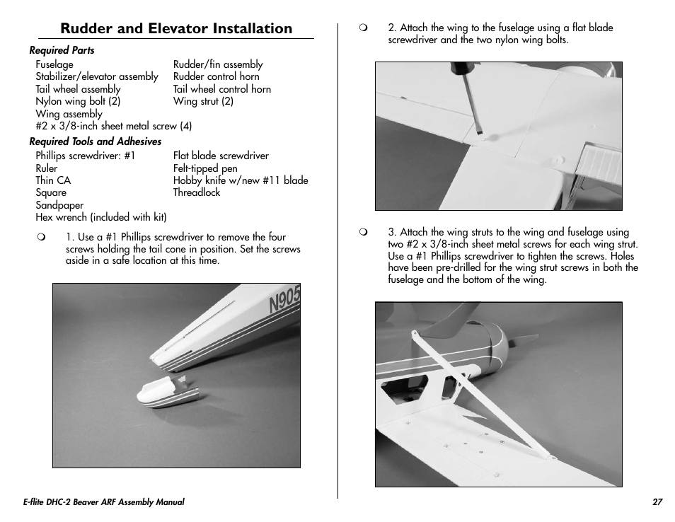 Rudder and elevator installation | E-flite DHC-2 Beaver 25e ARF User Manual | Page 27 / 52