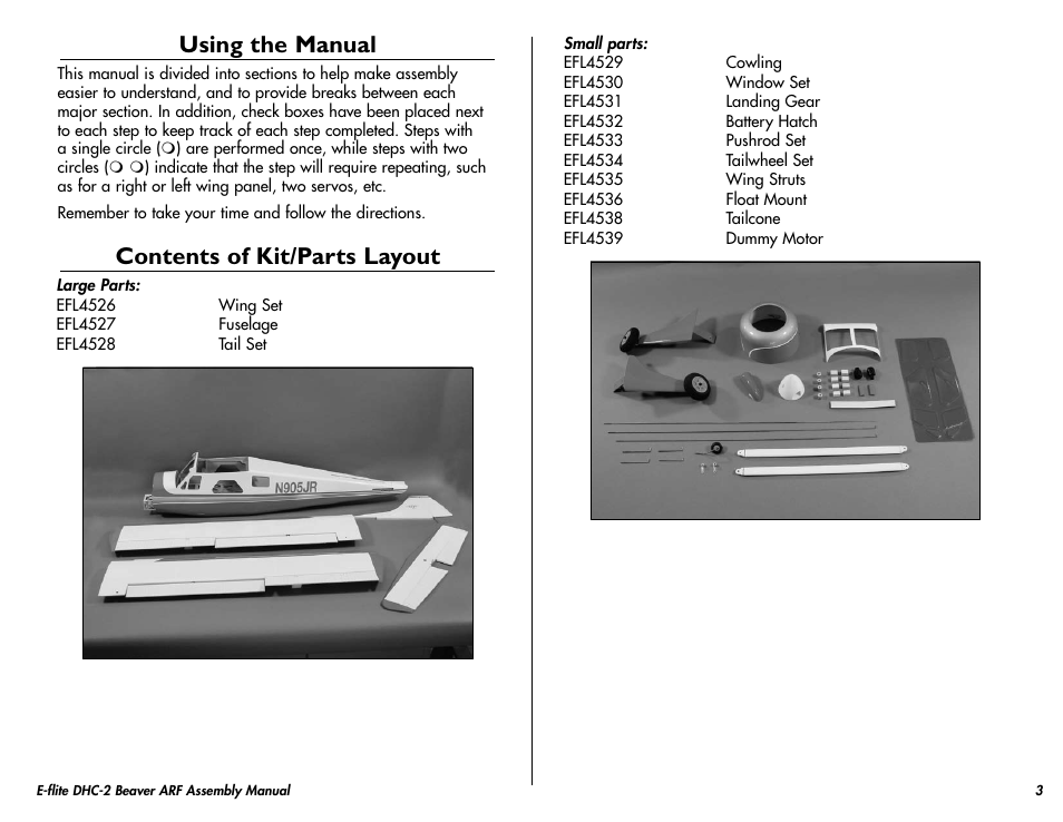 Using the manual, Contents of kit/parts layout | E-flite DHC-2 Beaver 25e ARF User Manual | Page 3 / 52