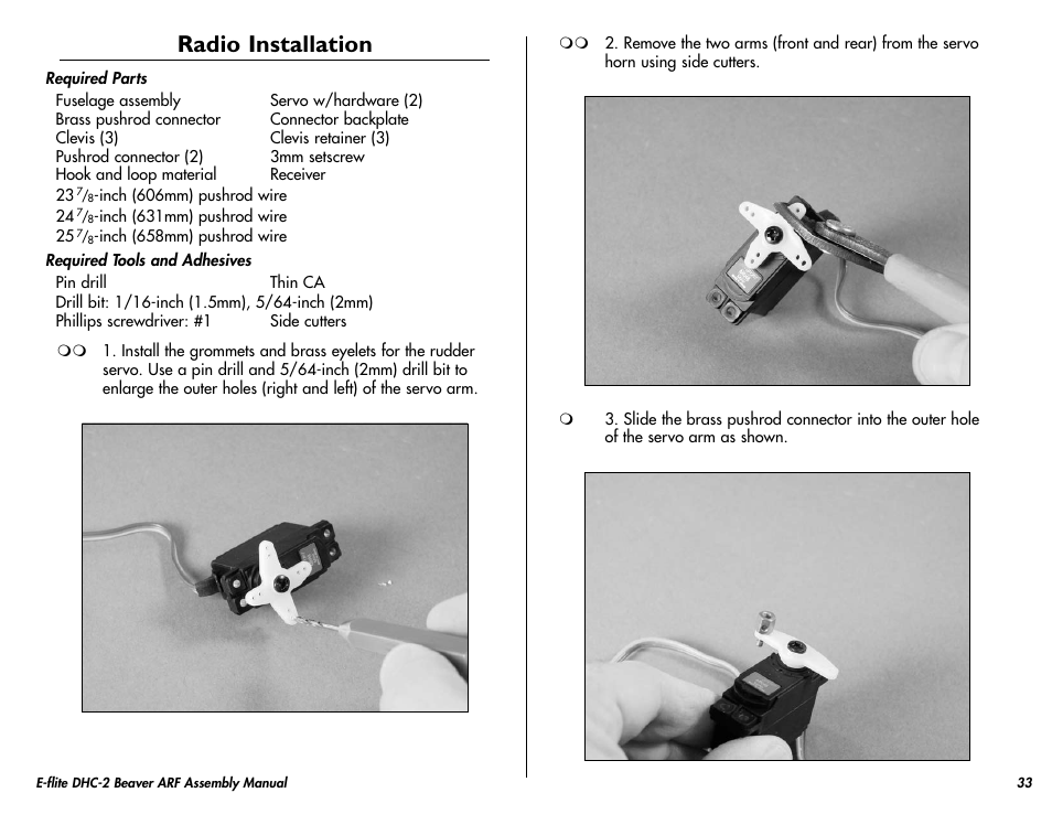 Radio installation | E-flite DHC-2 Beaver 25e ARF User Manual | Page 33 / 52