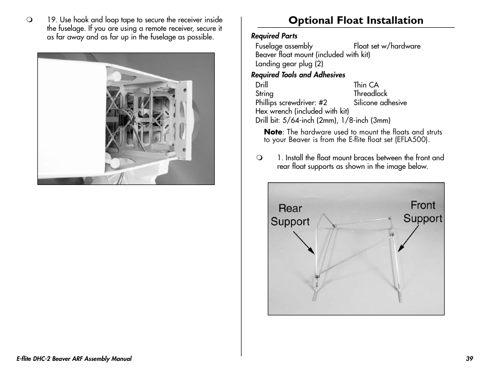 Optional float installation | E-flite DHC-2 Beaver 25e ARF User Manual | Page 39 / 52