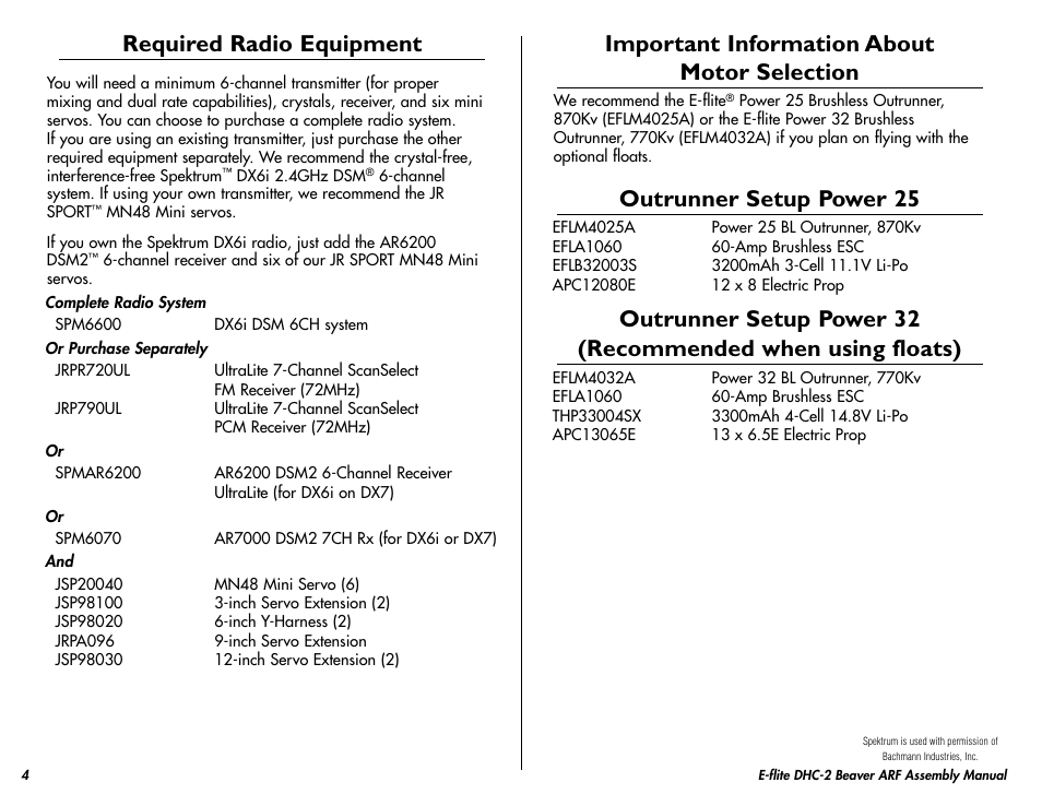 Required radio equipment, Important information about motor selection, Outrunner setup power 25 | E-flite DHC-2 Beaver 25e ARF User Manual | Page 4 / 52