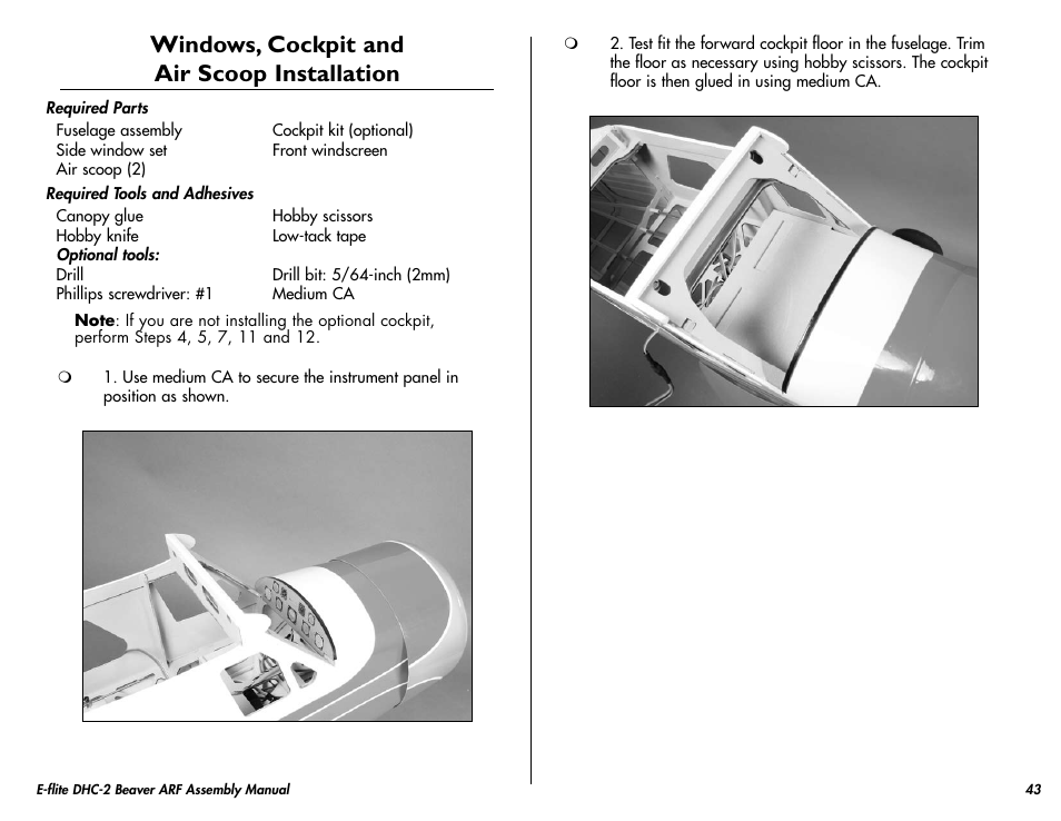 Windows, cockpit and air scoop installation | E-flite DHC-2 Beaver 25e ARF User Manual | Page 43 / 52