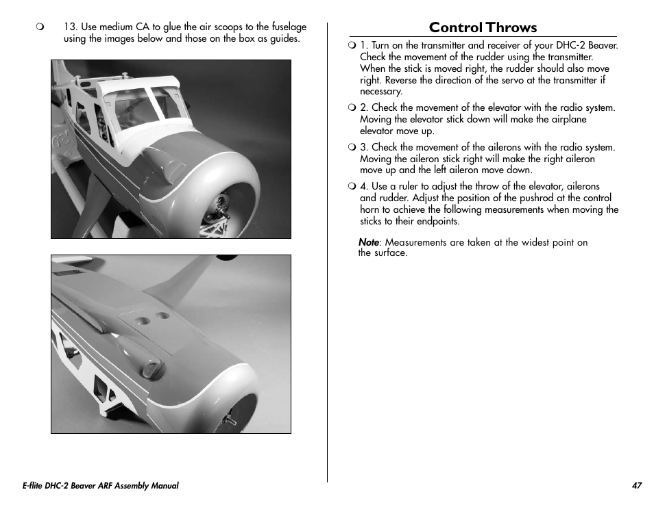 Control throws | E-flite DHC-2 Beaver 25e ARF User Manual | Page 47 / 52