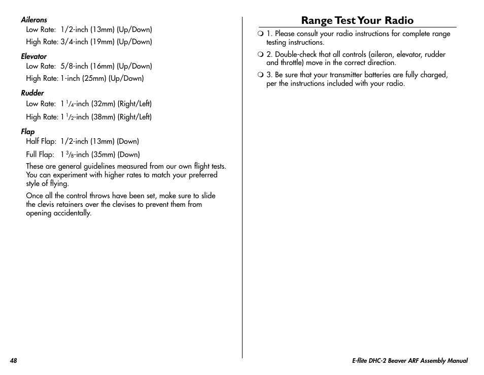 Range test your radio | E-flite DHC-2 Beaver 25e ARF User Manual | Page 48 / 52