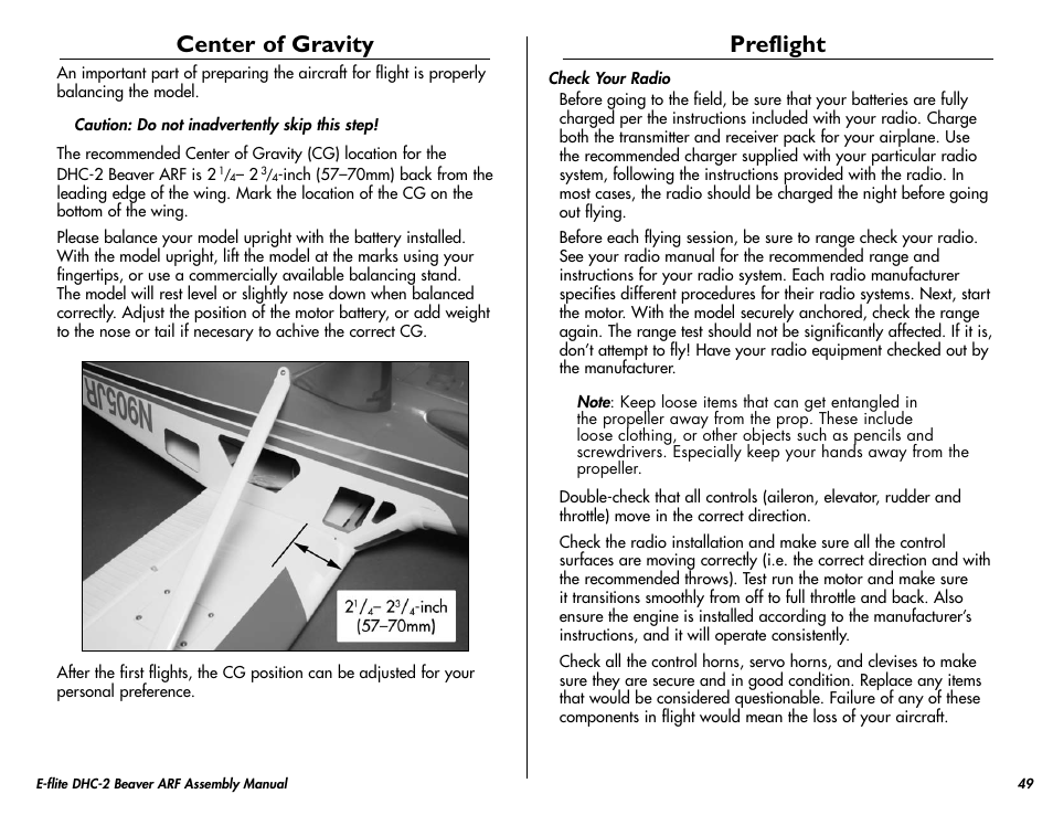 Center of gravity, Preflight | E-flite DHC-2 Beaver 25e ARF User Manual | Page 49 / 52