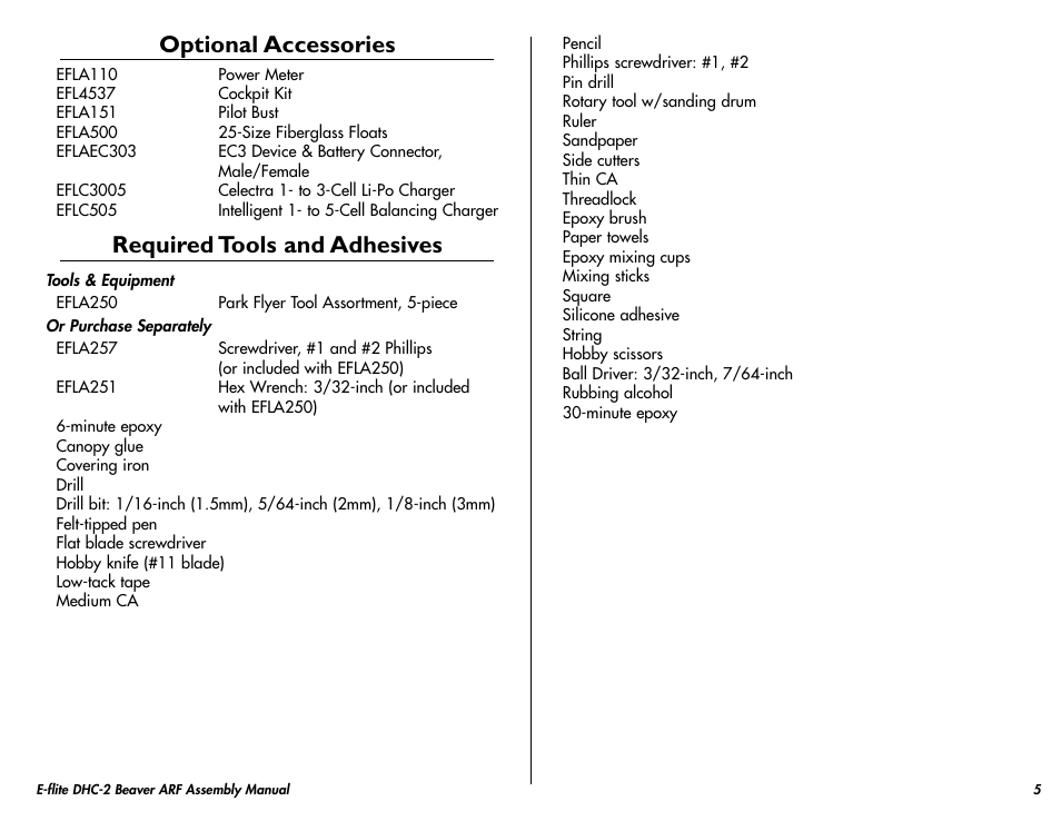 Optional accessories, Required tools and adhesives | E-flite DHC-2 Beaver 25e ARF User Manual | Page 5 / 52