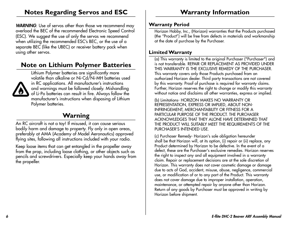 Warning, Warranty information | E-flite DHC-2 Beaver 25e ARF User Manual | Page 6 / 52