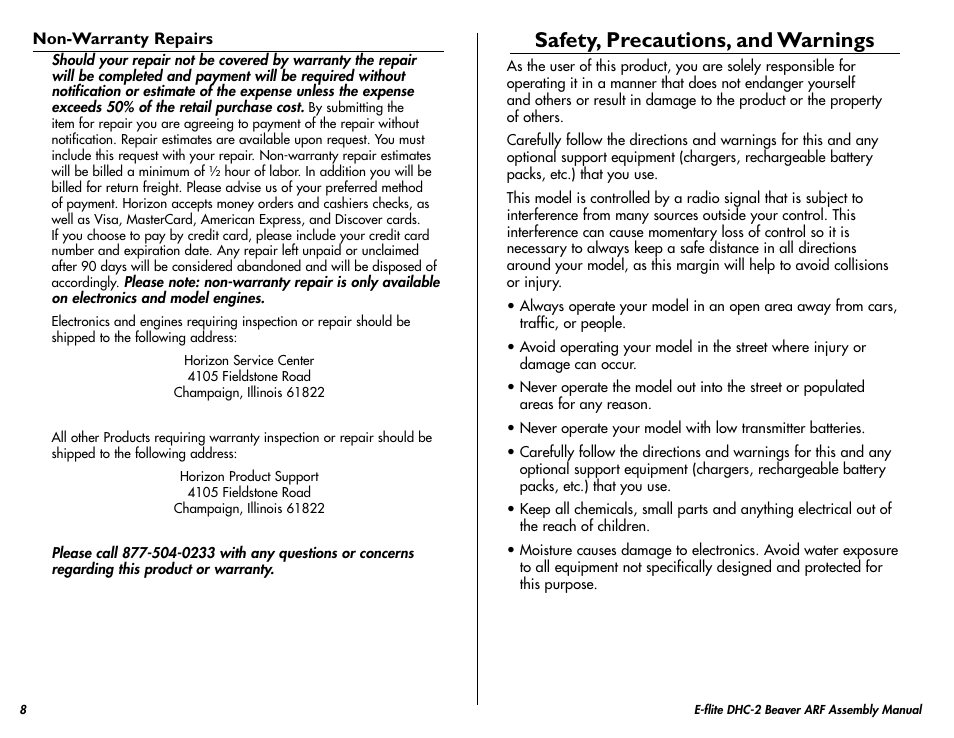 Safety, precautions, and warnings | E-flite DHC-2 Beaver 25e ARF User Manual | Page 8 / 52