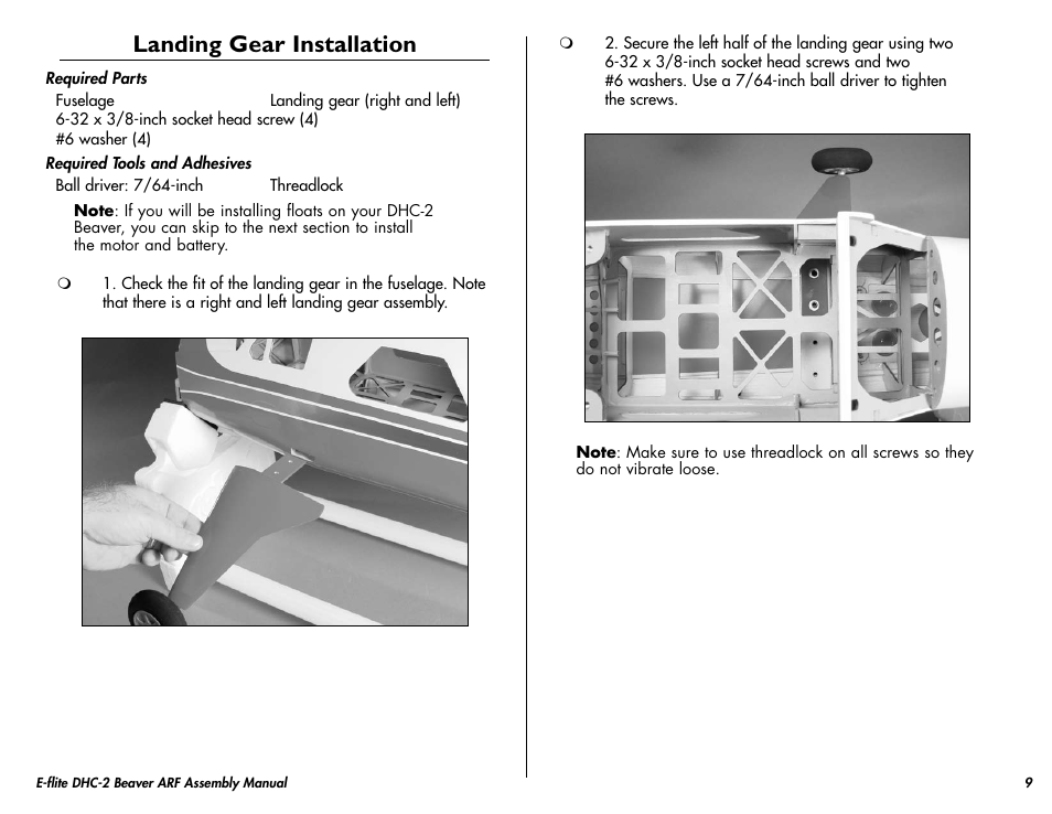 Landing gear installation | E-flite DHC-2 Beaver 25e ARF User Manual | Page 9 / 52