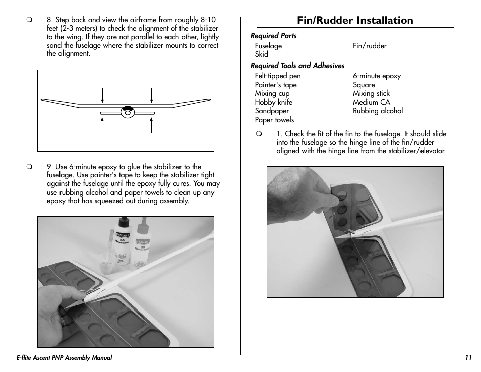 Fin/rudder installation | E-flite Ascent 450 Brushless PNP User Manual | Page 11 / 28