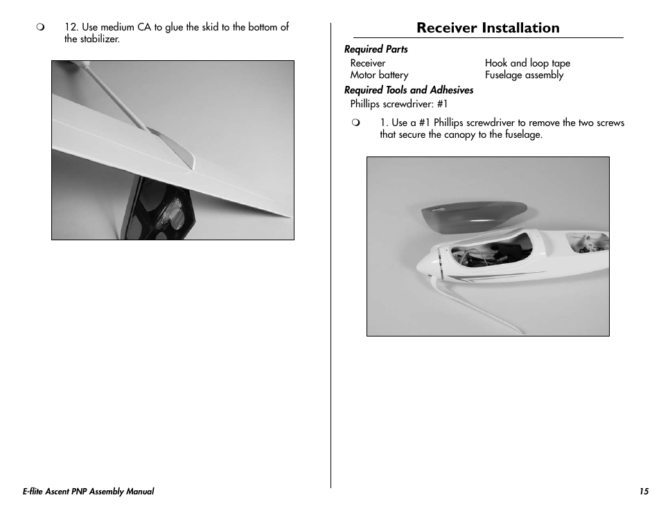 Receiver installation | E-flite Ascent 450 Brushless PNP User Manual | Page 15 / 28
