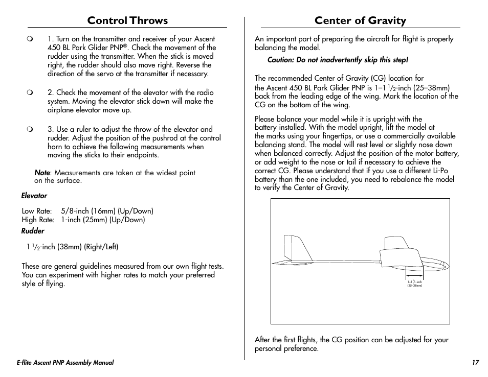 Control throws, Center of gravity | E-flite Ascent 450 Brushless PNP User Manual | Page 17 / 28
