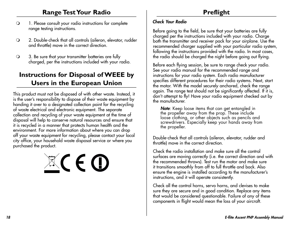 Range test your radio, Preflight | E-flite Ascent 450 Brushless PNP User Manual | Page 18 / 28