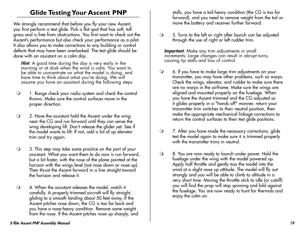 Glide testing your ascent pnp | E-flite Ascent 450 Brushless PNP User Manual | Page 19 / 28