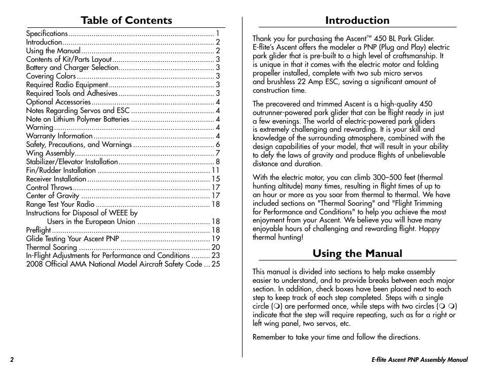 E-flite Ascent 450 Brushless PNP User Manual | Page 2 / 28