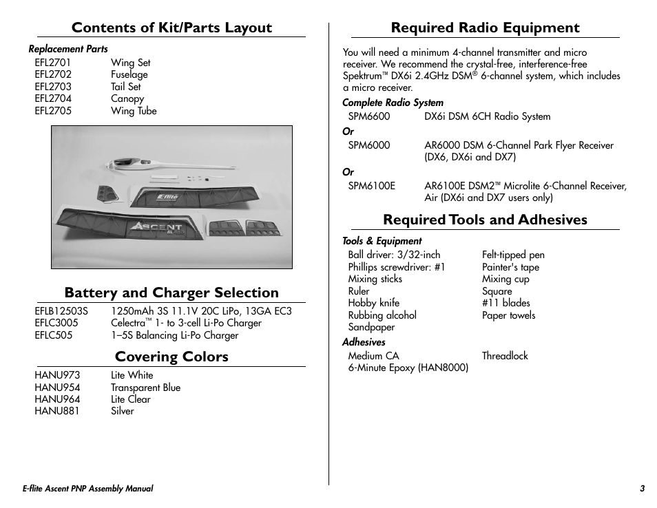 Contents of kit/parts layout, Battery and charger selection, Covering colors | Required radio equipment, Required tools and adhesives | E-flite Ascent 450 Brushless PNP User Manual | Page 3 / 28