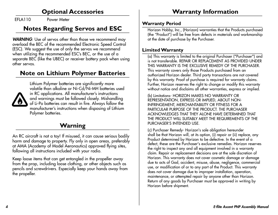 Optional accessories, Warning, Warranty information | E-flite Ascent 450 Brushless PNP User Manual | Page 4 / 28