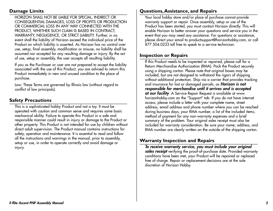 E-flite Ascent 450 Brushless PNP User Manual | Page 5 / 28