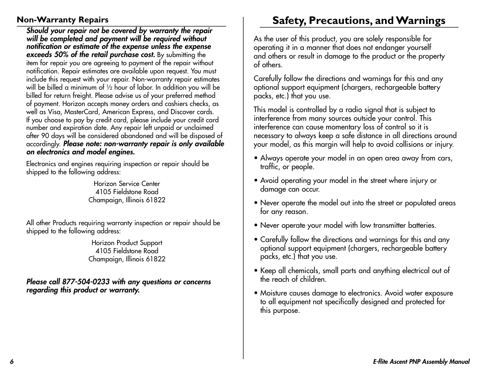Safety, precautions, and warnings | E-flite Ascent 450 Brushless PNP User Manual | Page 6 / 28