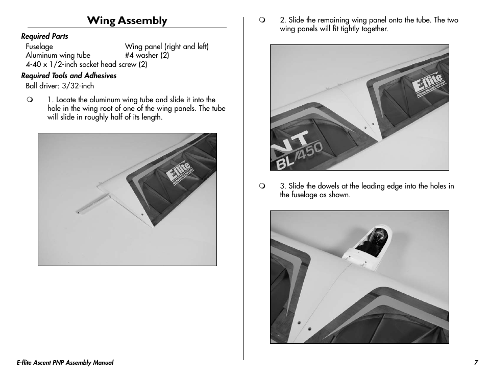 Wing assembly | E-flite Ascent 450 Brushless PNP User Manual | Page 7 / 28