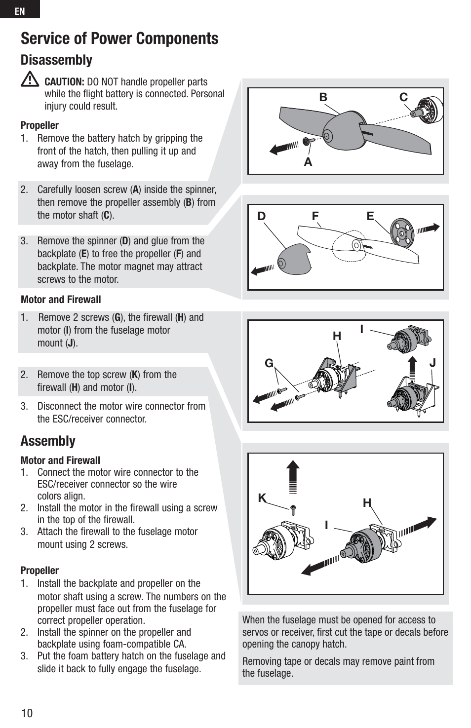Service of power components, Disassembly, Assembly | E-flite UMX Beast 3D BNF Basic User Manual | Page 10 / 19