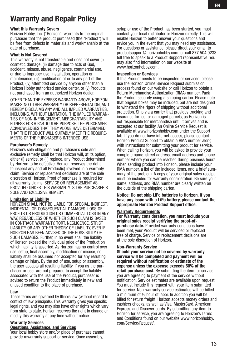 Warranty and repair policy | E-flite UMX Beast 3D BNF Basic User Manual | Page 13 / 19