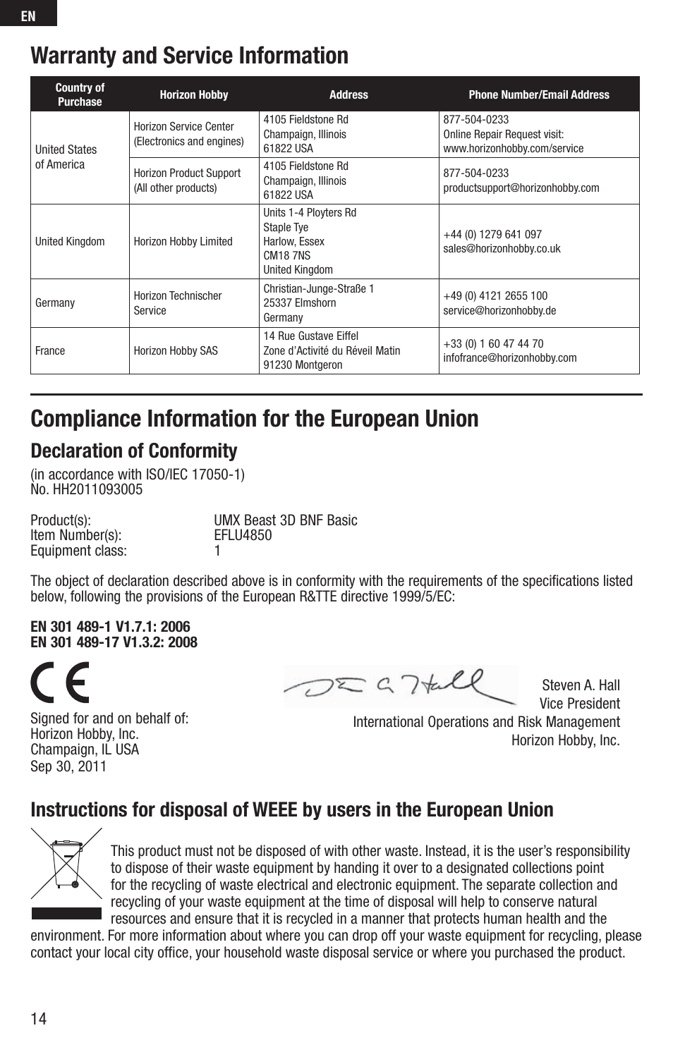 Compliance information for the european union, Warranty and service information, Declaration of conformity | E-flite UMX Beast 3D BNF Basic User Manual | Page 14 / 19