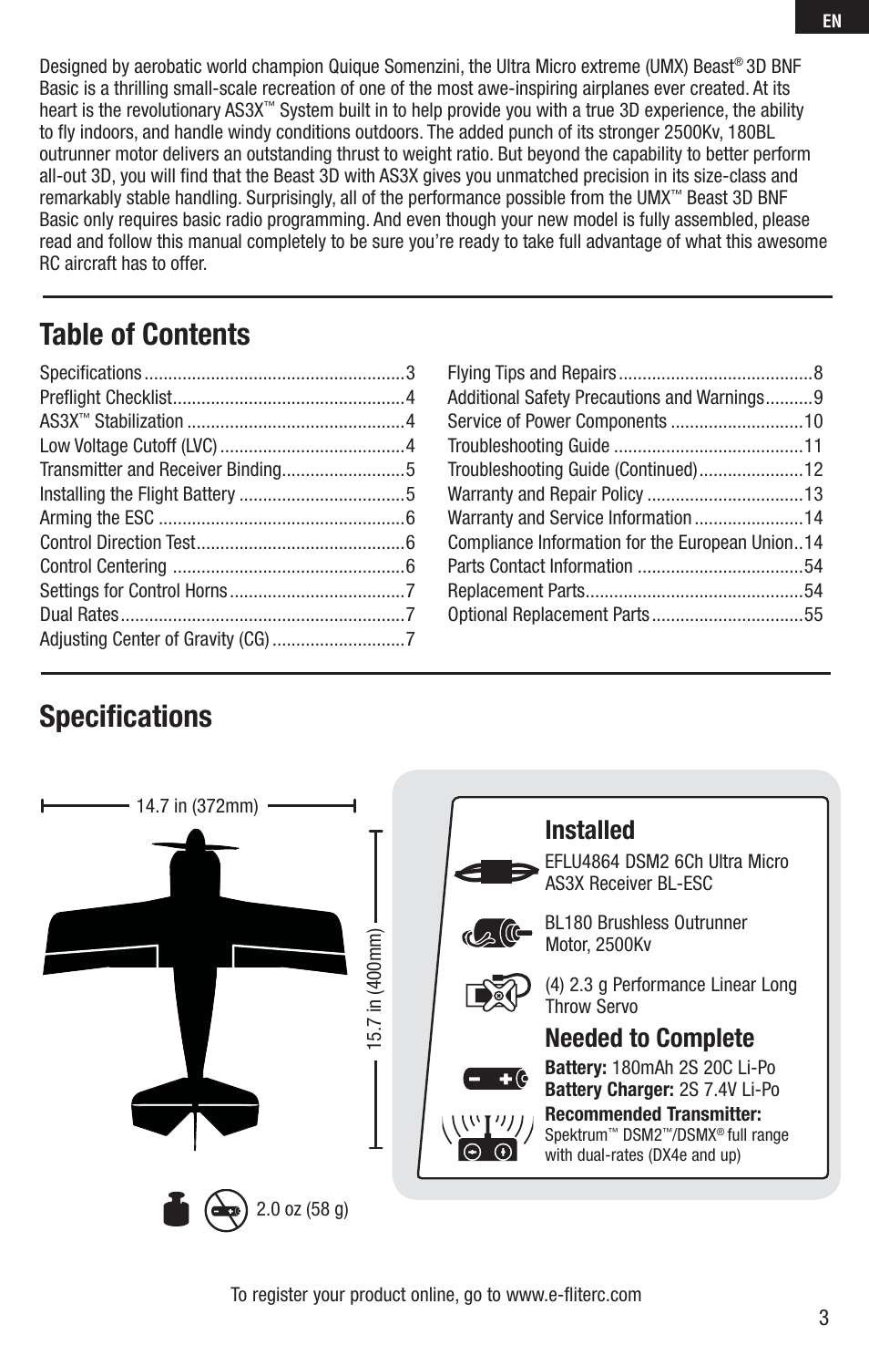 E-flite UMX Beast 3D BNF Basic User Manual | Page 3 / 19