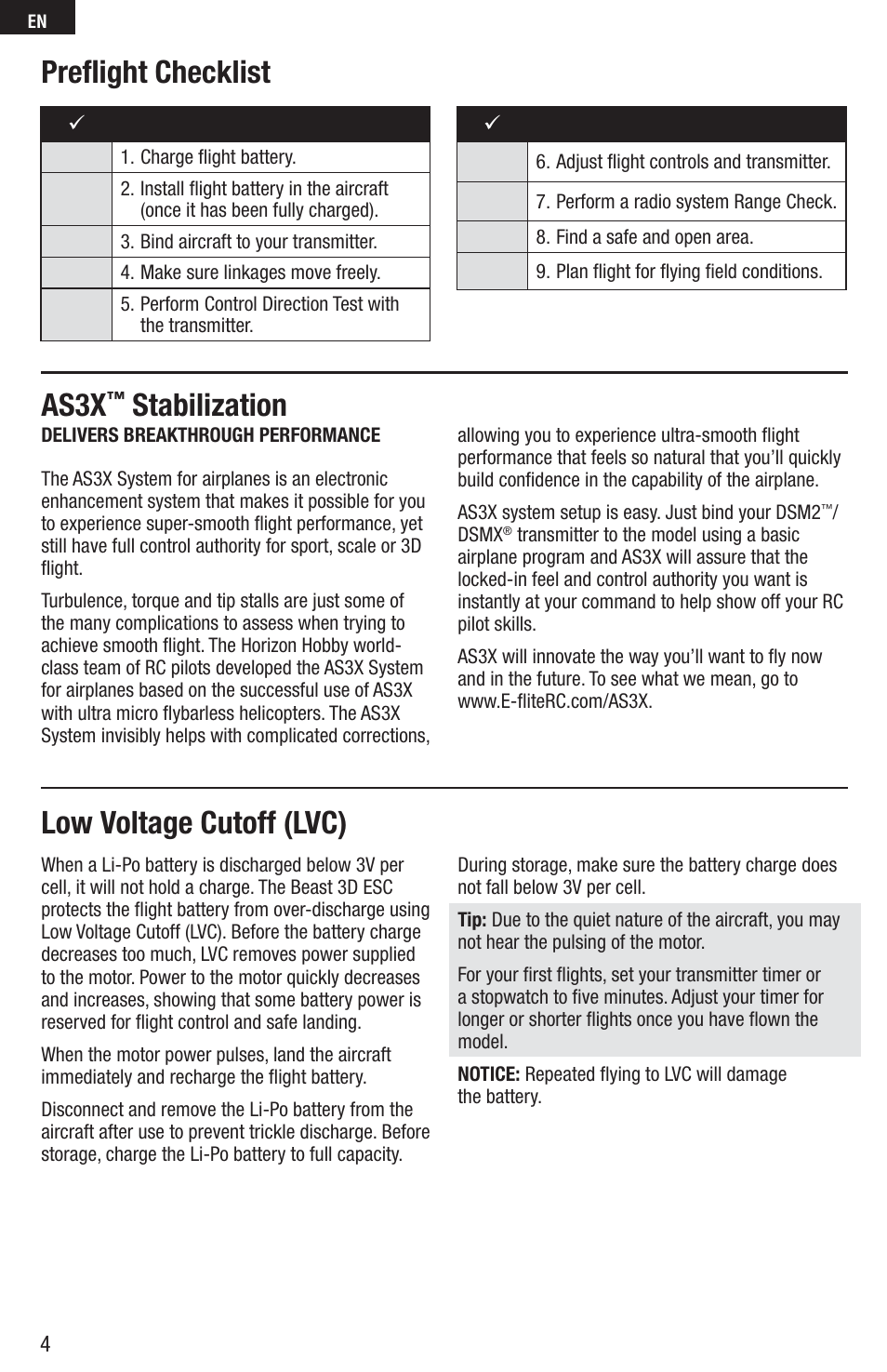 Low voltage cutoff (lvc) as3x, Stabilization, Preﬂ ight checklist | E-flite UMX Beast 3D BNF Basic User Manual | Page 4 / 19