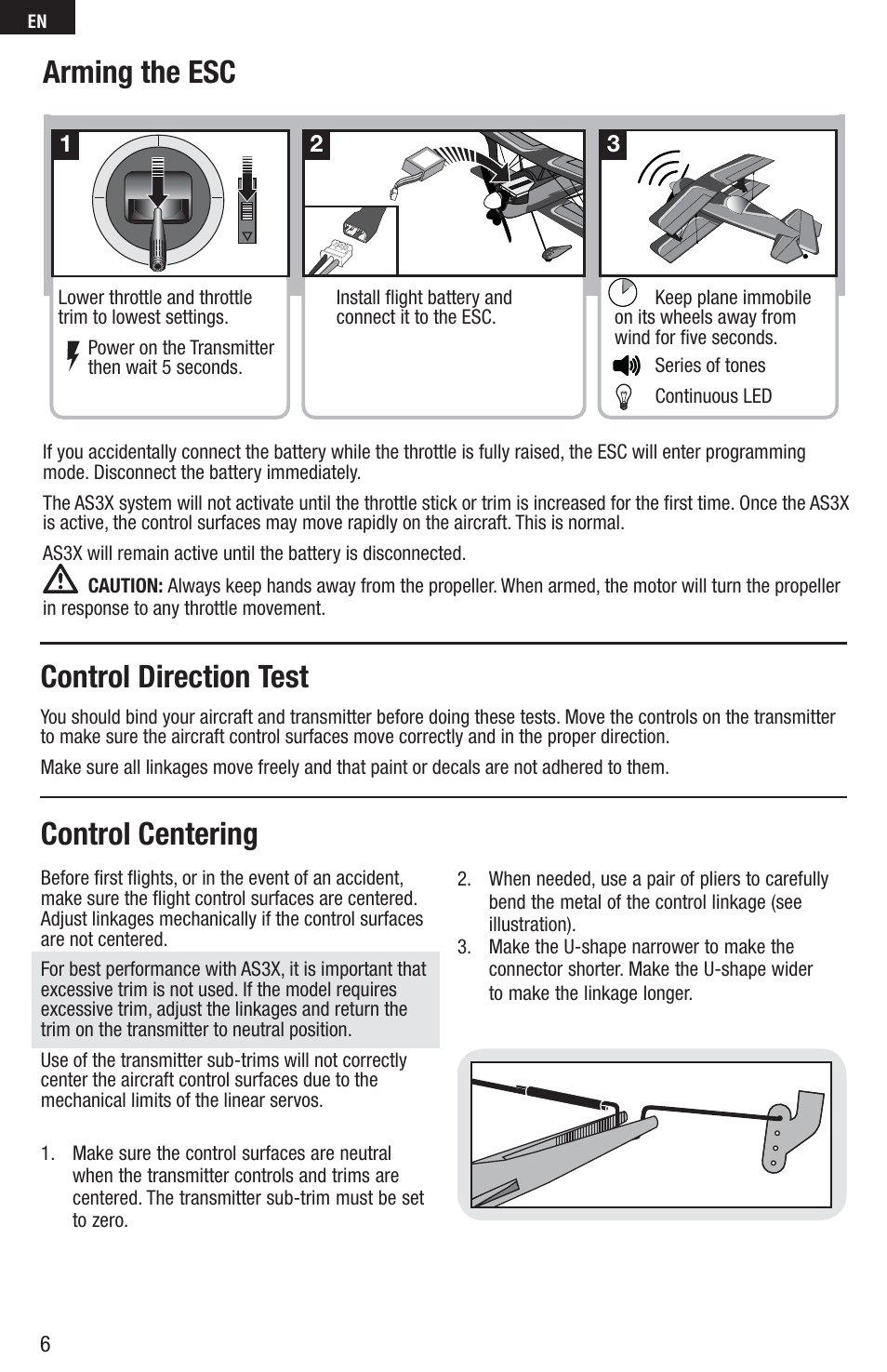 Arming the esc, Control direction test control centering | E-flite UMX Beast 3D BNF Basic User Manual | Page 6 / 19