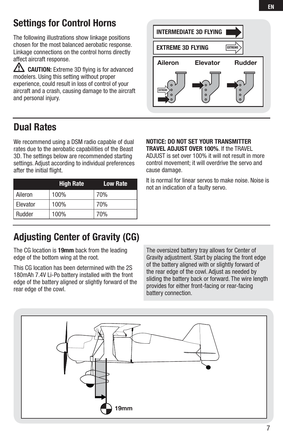 Settings for control horns, Adjusting center of gravity (cg), Dual rates | E-flite UMX Beast 3D BNF Basic User Manual | Page 7 / 19