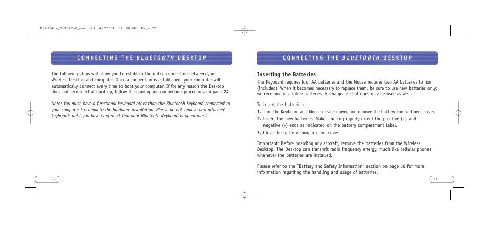 Inserting the batteries | Belkin Bluetooth Wireless Desktop F8T042ukB User Manual | Page 13 / 23